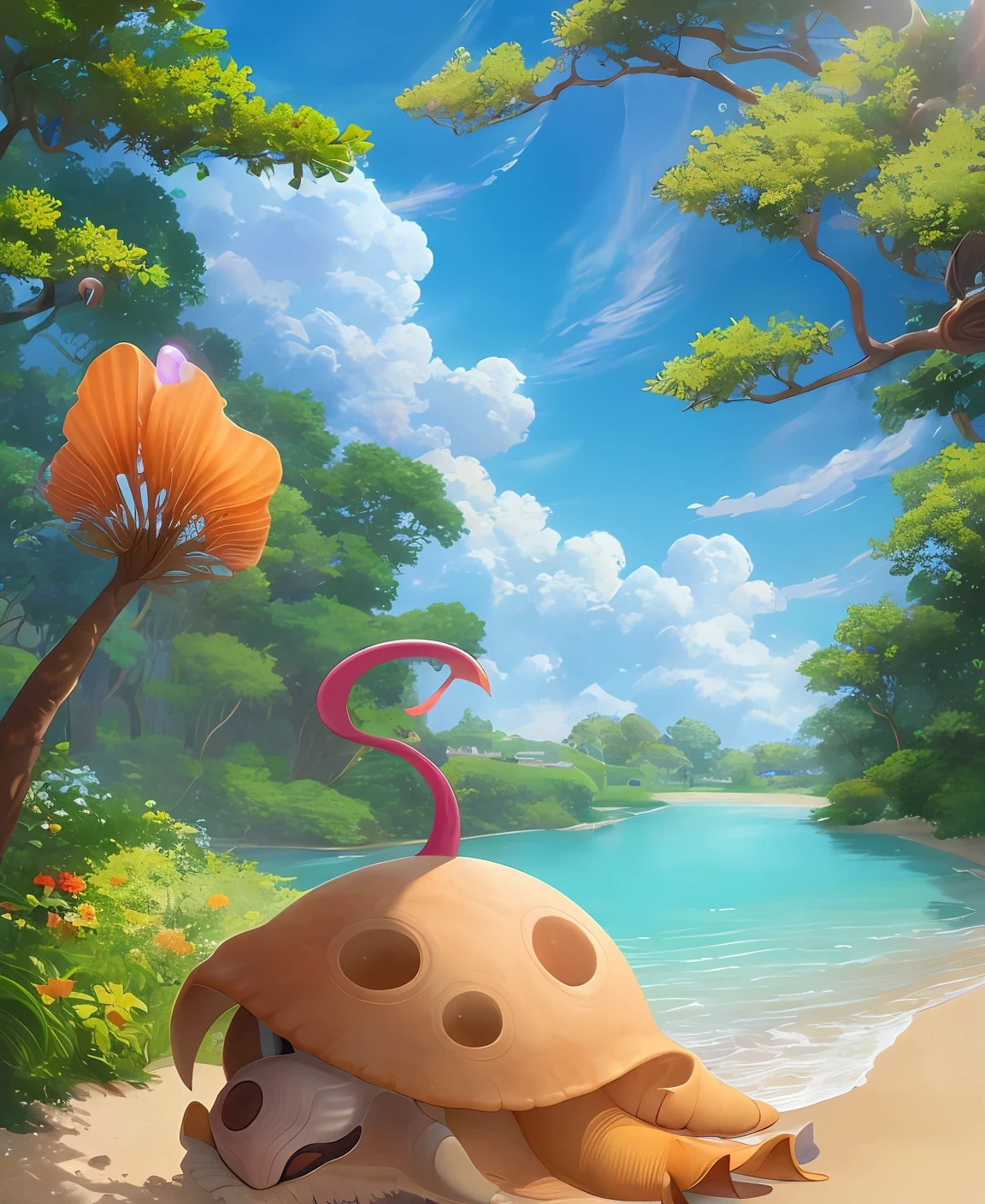 an nautilus shell anthill in an open grassland with waves and sand limited around it only and a phanthom of a sea dragon going around the anthill