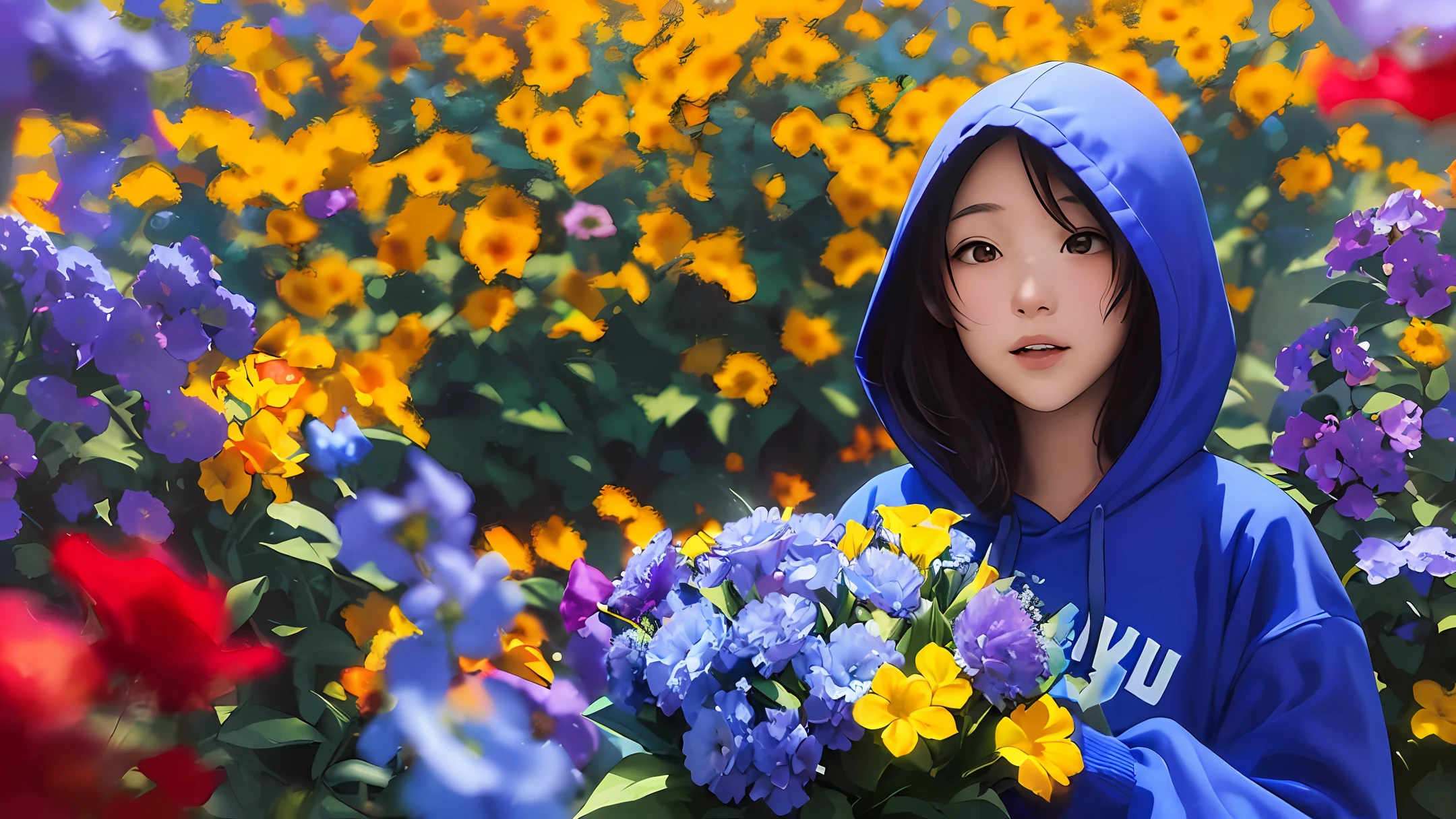 A girl is wearing a sky-blue hooded sweatshirt, and we see her silhouette, holding a bouquet of flowers, surrounded by red, purple, and yellow flowers, and the background is sky blue and relatively blurry. The whole picture is cool, giving people a sad feeling.