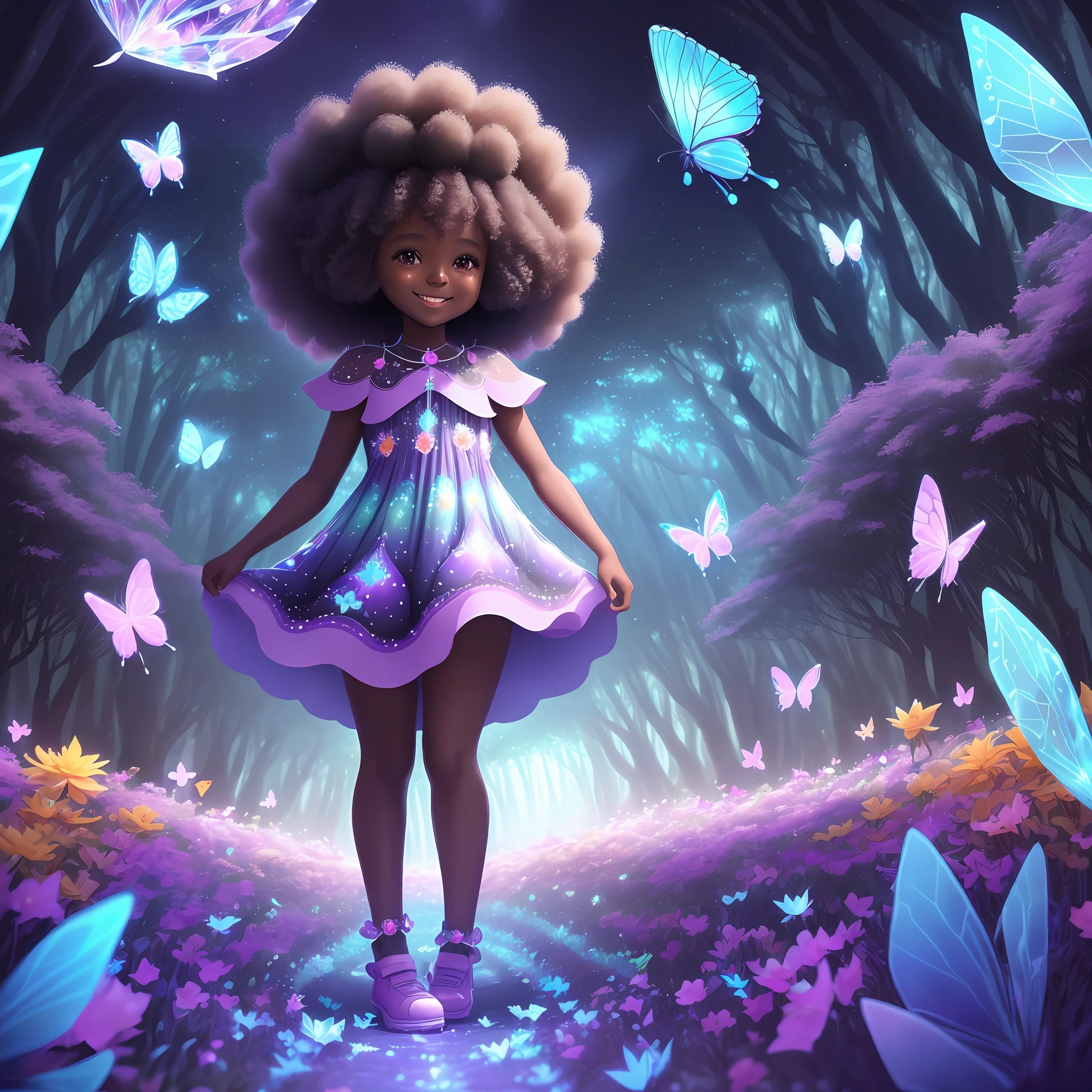 A cute 5--old l,((dark skin color)) afro-futuristic, carton, smiling entering a magical forest, this forest has ((flowers)), ((crystals)), ((butterflies)). ((colorful dress)), 4k, 8k soft lighting, --iso 100 dreamer,