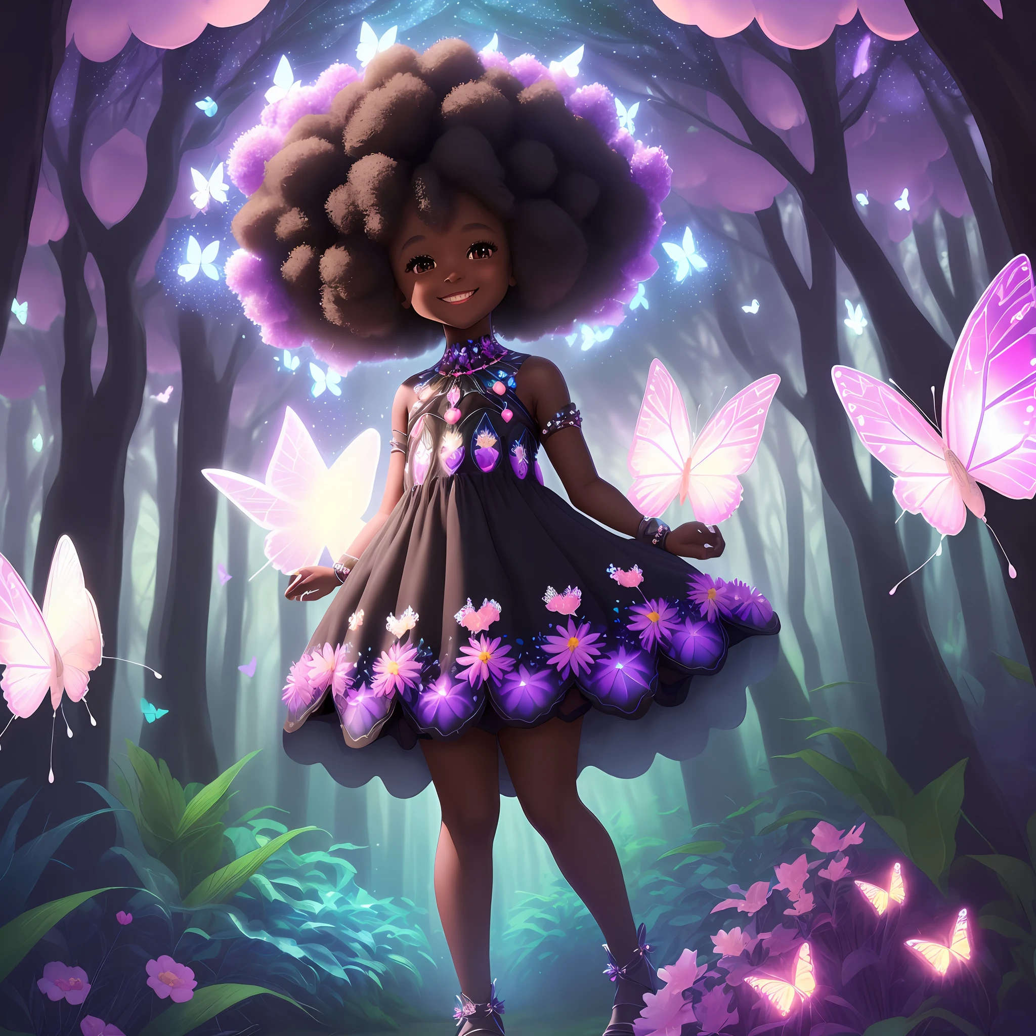 A cute 5--old l,((dark skin color)) afro-futuristic, carton, smiling entering a magical forest, this forest has ((flowers)), ((crystals)), ((butterflies)). ((colorful dress)), 4k, 8k soft lighting, --iso 100 dreamer,