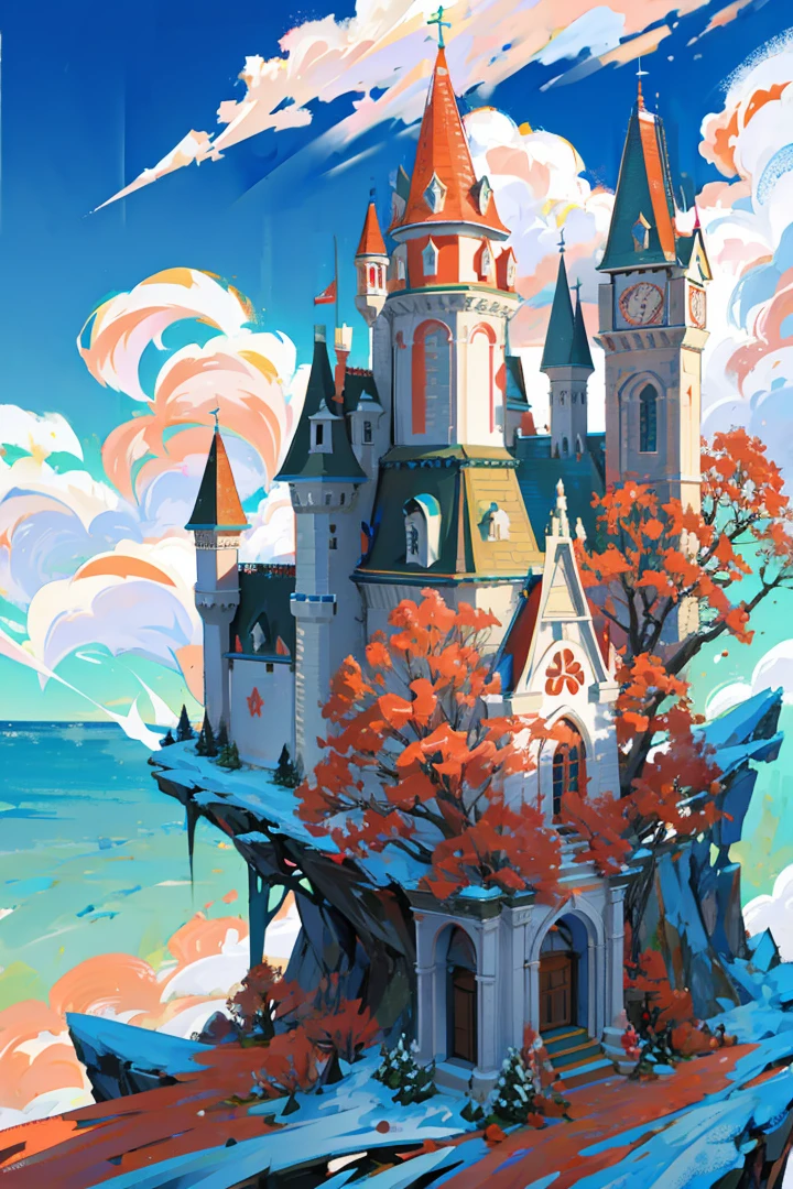 Anthill in form of a Castle on top of a high stone mountain which is covered by spruce trees; mythical; unrealistic; fancy