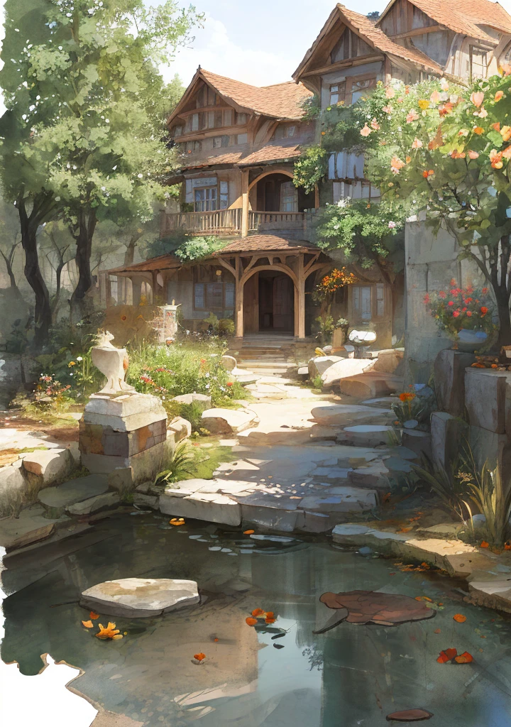 miaobishenghua  , [(white background:1.5)::5], 1 girl, mid shot, full body, butterflies, flowers,floating petal,stone fragment, beautiful detailed water,cloud,sun,dusk,sunset,beautiful detailed gate,