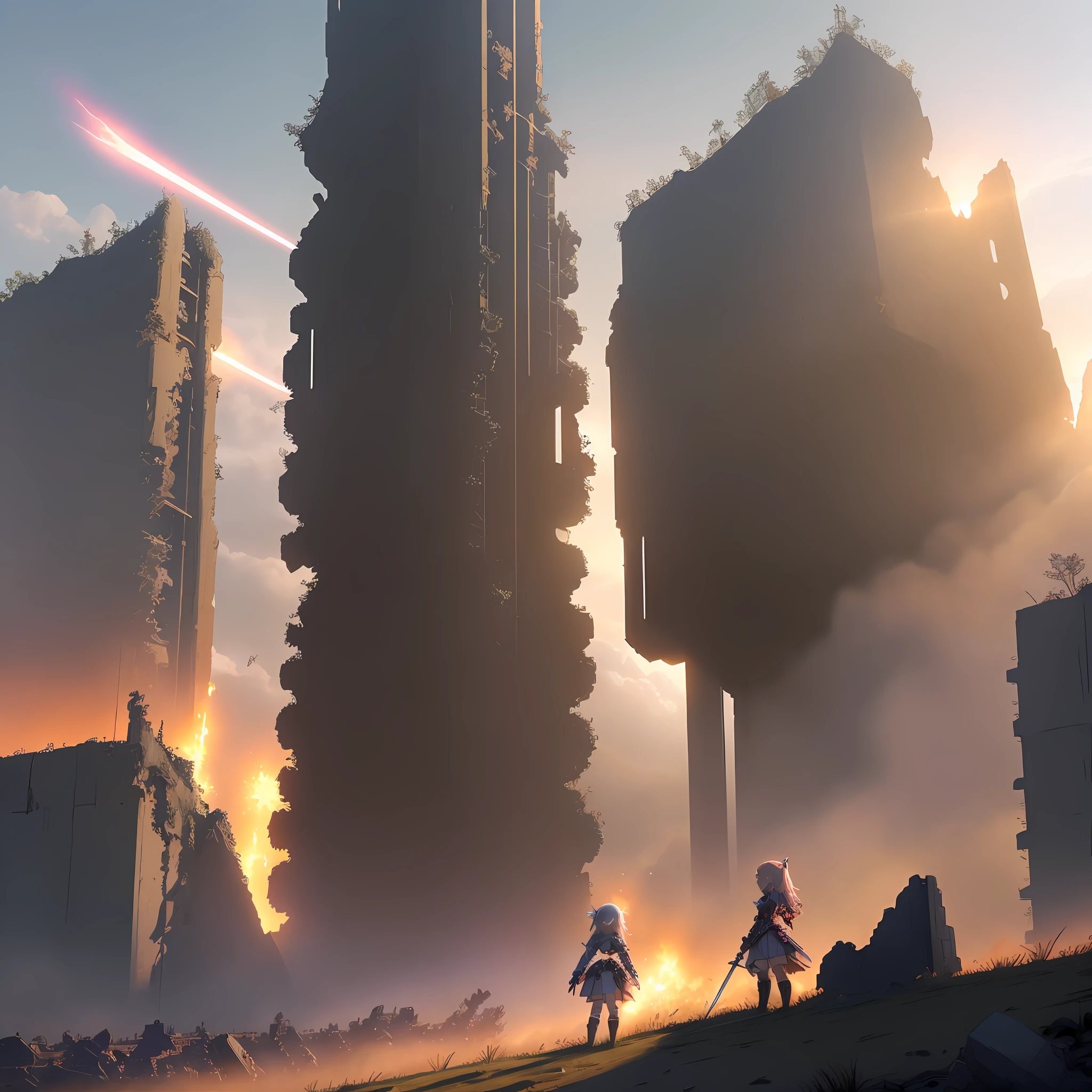 Mecha and sword coexist, adding female loli mecha and doomsday ruins, loli mecha details are precise, in contrast with the background of the ruins, highlighting the integration of mecha and loli, the scene has doomsday afterglow and distant explosion light, and the background radiation effect is outstanding.