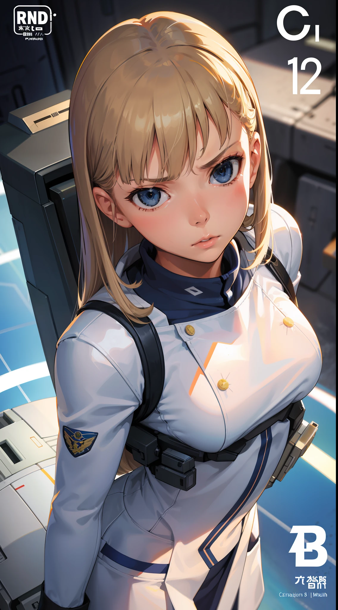 Trailer Cover,Realistic,White Air Force Uniform,(Realistic Face Resolution),Posing Cinematic,Adult,Skinny,Small,1 Woman with Dark Blonde Hair,Serious Face,Science Fiction,Sci-Fi,Different Characters