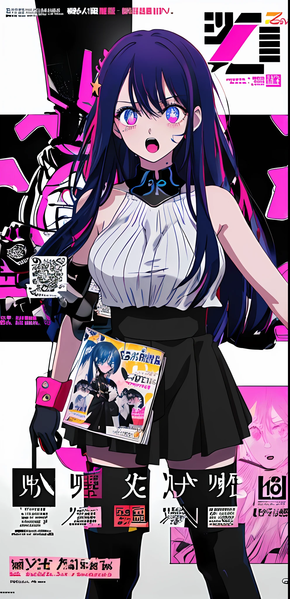 (((dramatic))), (((gritty))), (((intense)))) The movie poster features as the central character. She is shy in the center of the poster, wearing idol outfit, and a determined expression on her face. The background is dark and gritty, with a feeling of drunkenness. The text is bold and eye-catching, with catchy slogans that add to the overall drama and excitement. The color palette is dominated by dark colors, dotted with bright colors, giving the poster a dynamic and visual impact, tachi-e (magazine:1.3), (cover-style:1.3), fashionable, vibrant, outfit, posing, front, colorful, dynamic, background, element, confident, expressive, holding, statement, attachment, majestic, coiled, around, touch, scene, text, cover, bold, eye-catching, title, fashion, font, catchy, title, bigger, eye-catching, modern, trendy, focused, stylish, 1 girl, long hair, large breast,