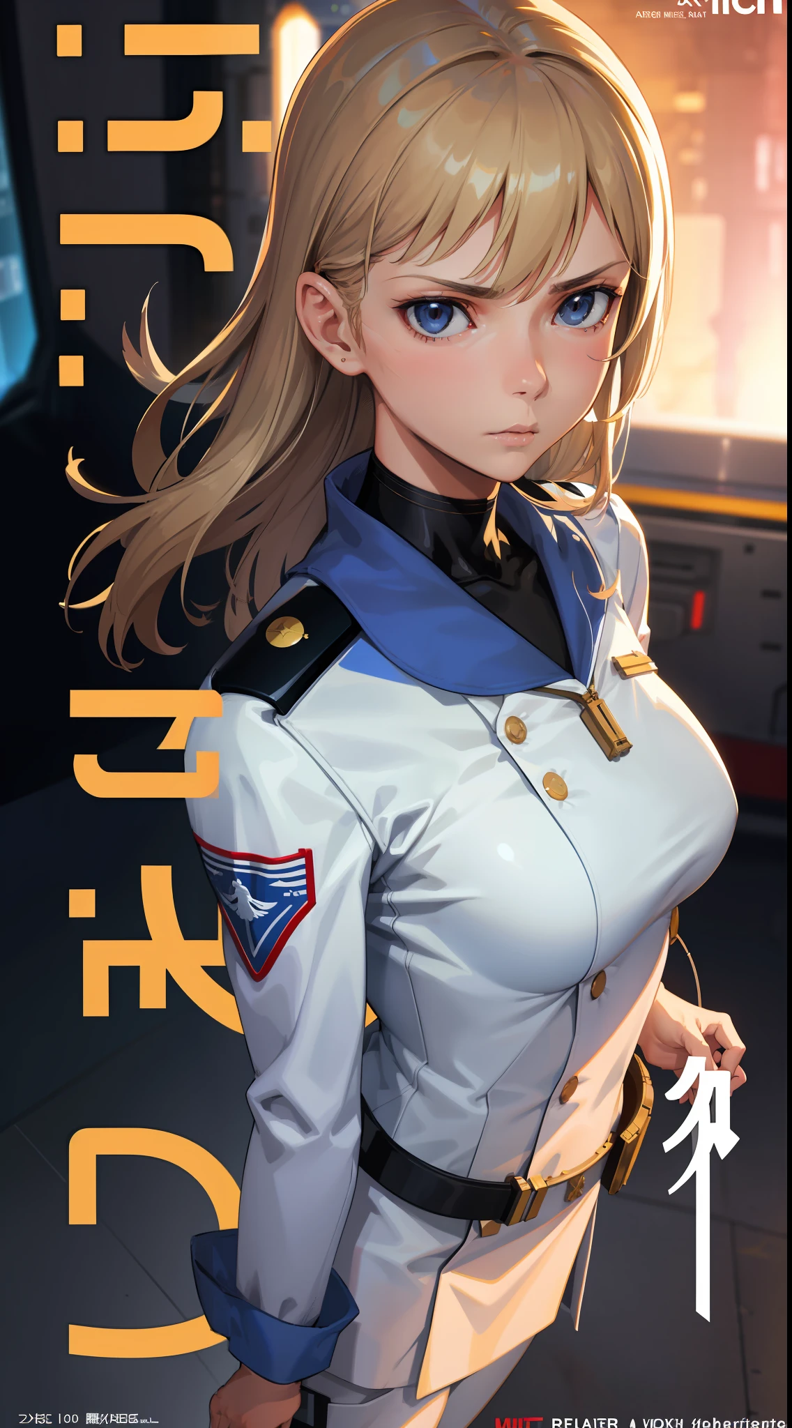 Trailer Cover,Realistic,White Air Force Uniform,(Realistic Face Resolution),Posing Cinematic,Adult,Skinny,Small,1 Woman with Dark Blonde Hair,Serious Face,Science Fiction,Sci-Fi,Different Characters