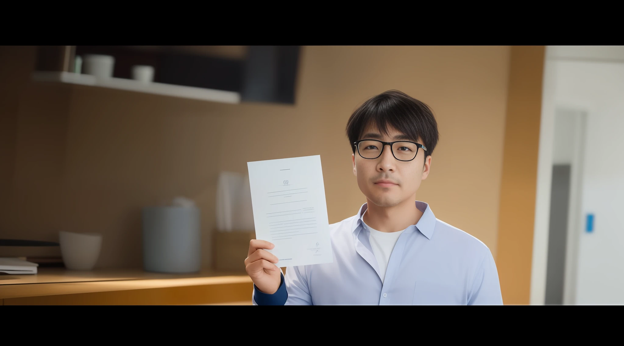 (A man), holding a fine size paper, a moderately sized frame, rigorous highlight details and sharp and delicate picture details. , dynamic angle, excellent shooting position, portraying the man's focused facial demeanor and hand movements. Shot by a Canon EOS R 6 camera