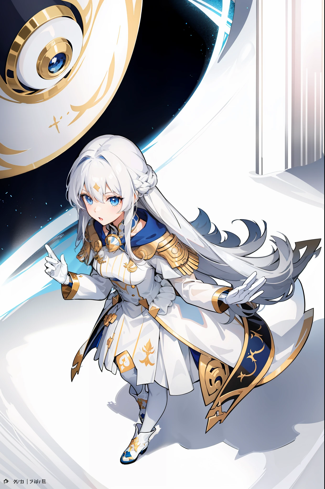 Girl, golden flowing hair, blue eyes, White Imperial Outfit, anime