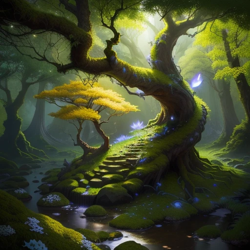 dragon's tooth, anthill, luminous, tree, flowery, moss, realistic