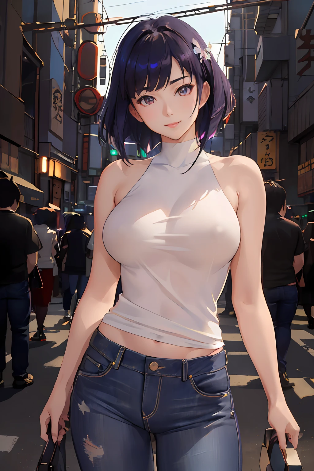 (masterpiece, best quality, ultra-detailed, best shadow), (beautiful detailed face), high contrast, (best illumination, an extremely delicate and beautiful), ((cinematic light)), colorful, hyper detail, dramatic light, intricate details, Motoko Kusanagi, smile, depth of field, white tanktop, jeans,standing, night, Tokyo, street, blue neon light