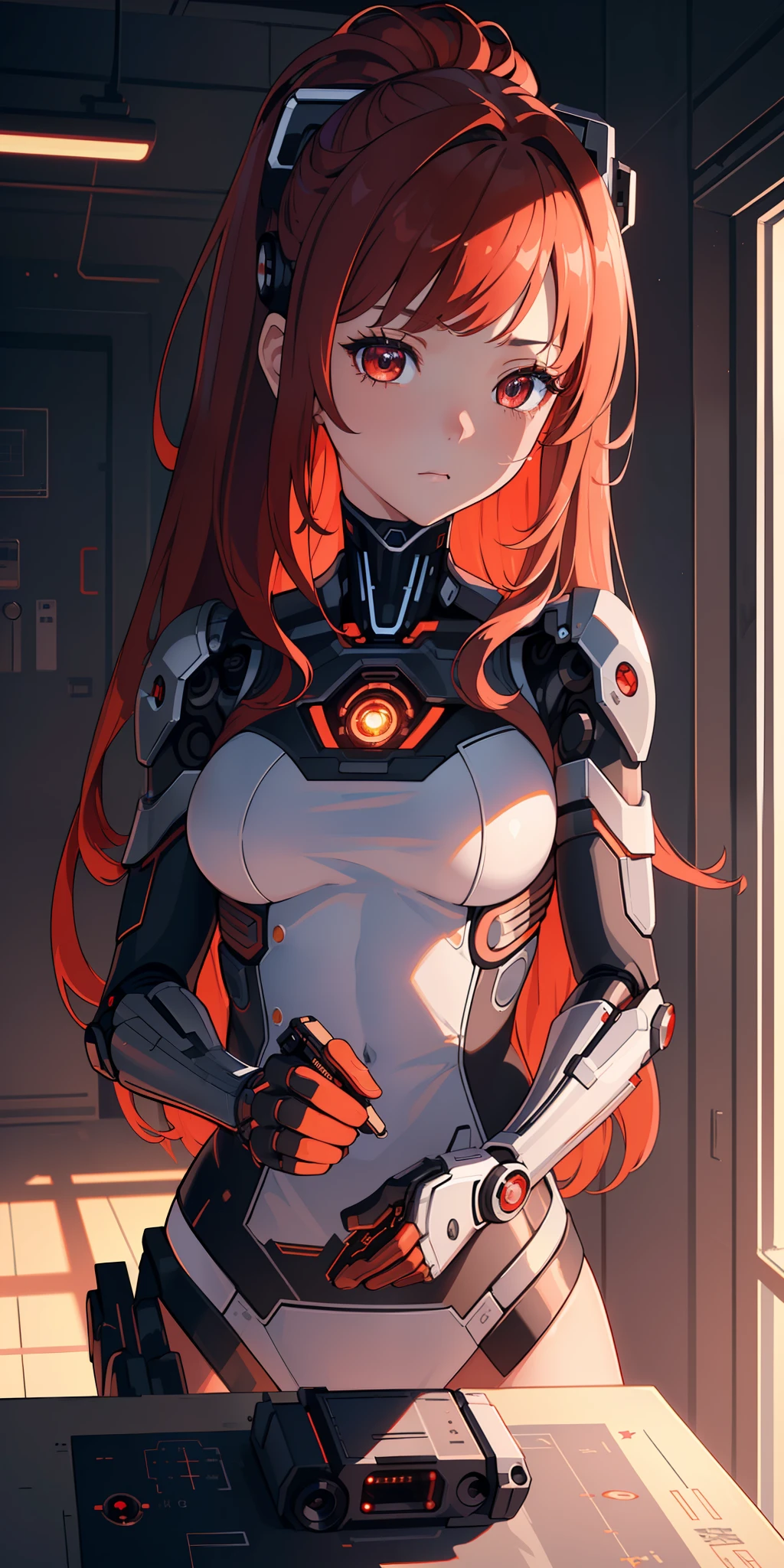 (masterpiece:1.2, best quality), (extremely detailed CG unity 8k wallpaper, masterpiece, best quality, ultra-detailed, best shadow), (finely detailed beautiful eyes: 1.2), (1 girl), ((cyborg, high-tech)), (long crimson hair:1.2)