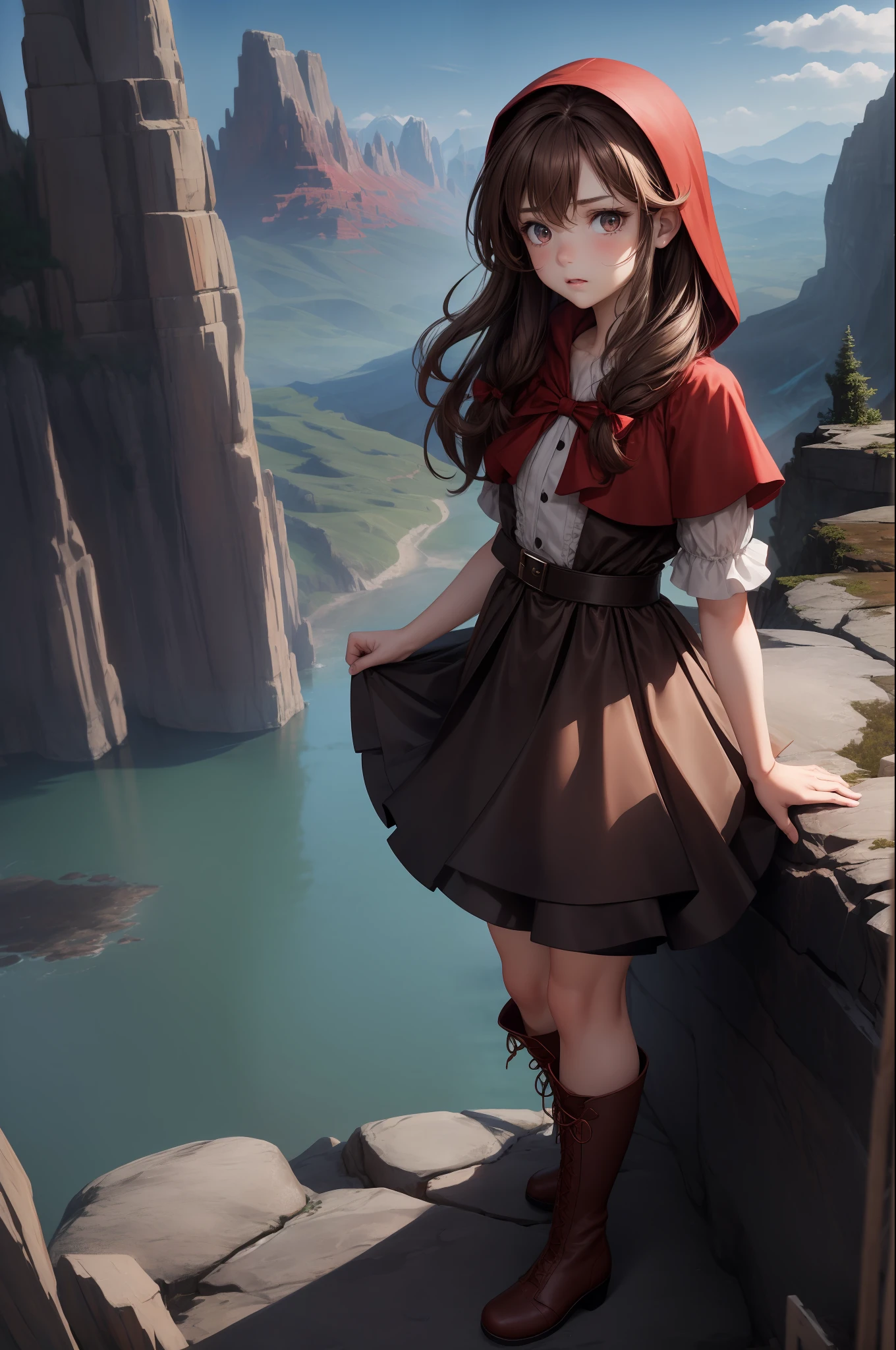 brown hair, slightly wavy, falling over the shoulders, bright and expressive eyes, conveying a mixture of curiosity and gentleness, delicate skin, dress length to the knees, red color, short sleeves, red hood covering his head, with a bow, black boots, standing, , mountains, hills, rock formations, looking at the viewer, serious expression