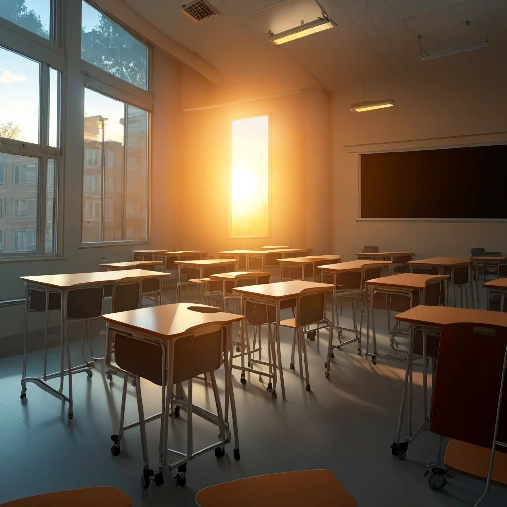Classroom, desk, blackboard, sunset