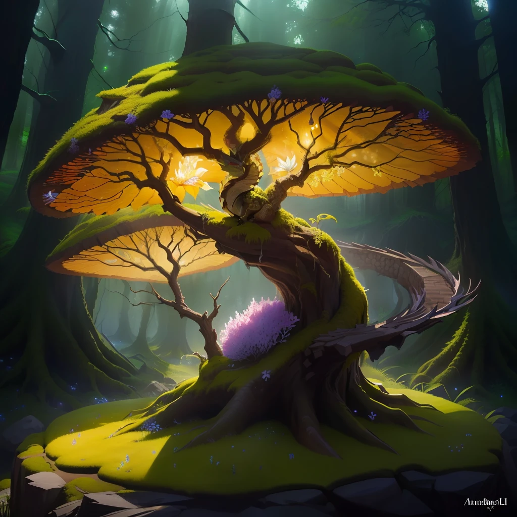 dragon's tooth, anthill, luminous, tree, flowery, moss, realistic