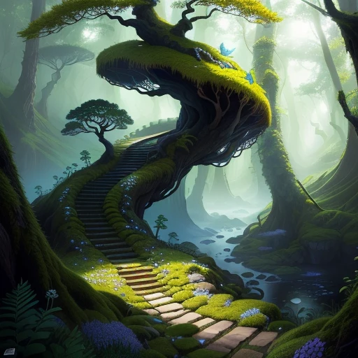 dragon's tooth, anthill, luminous, tree, flowery, moss, realistic