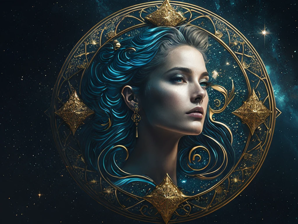 the zodiac sign vi with a woman's face surrounded by stars, beautiful detailed intricate, fantasy art style, seven stars in right hand, cyan and gold scheme, sculpture of persephone, avatar image, dark vignette, venus, louis xiv, foto, full profile, centered elven, emblem,(8k, RAW photo, best quality, masterpiece:1.2), ulra high res, photorealistic:1.4),Cinematic Light,(soft volumetric lighting:1.2), (realistic, photo-realistic:1.37), detailed skin,professional lighting,Photography, Sharp focus, detailed ,professional lighting, photon mapping, detailed and intricate environment,highly detailed,best quality,8k artistic photography, photorealistic concept art, soft natural volumetric cinematic perfect light,MIDJOURNEY,3DMDT