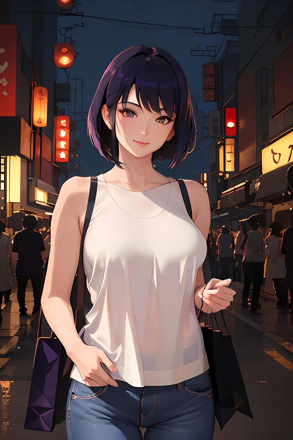 (masterpiece, best quality, ultra-detailed, best shadow), (beautiful detailed face), high contrast, (best illumination, an extremely delicate and beautiful), ((cinematic light)), colorful, hyper detail, dramatic light, intricate details, Motoko Kusanagi, smile, depth of field, white tanktop, short jeans, standing, night, Tokyo, street, shopping bag