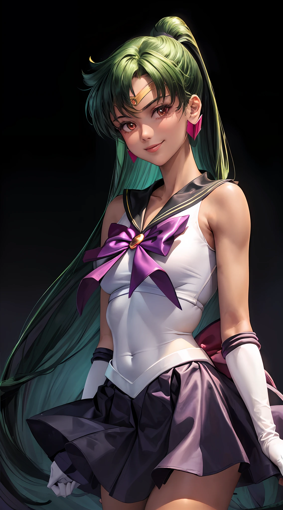 Masterpiece, Best Quality, High Resolution, 1girl, Solo, Ponytail, Green Hair, (Elbow Gloves), Headdress, Purple Bow, Tight Top, (Black Sailor Collar), White Gloves, Earrings, Smile, Pure Background, Clean Background, Purple Background, Black Skirt, (Sailor Mars Uniform), (Sailor Venus Uniform), Standing, Leng Jun, White Top, Elbow Gloves, Long Skirt
