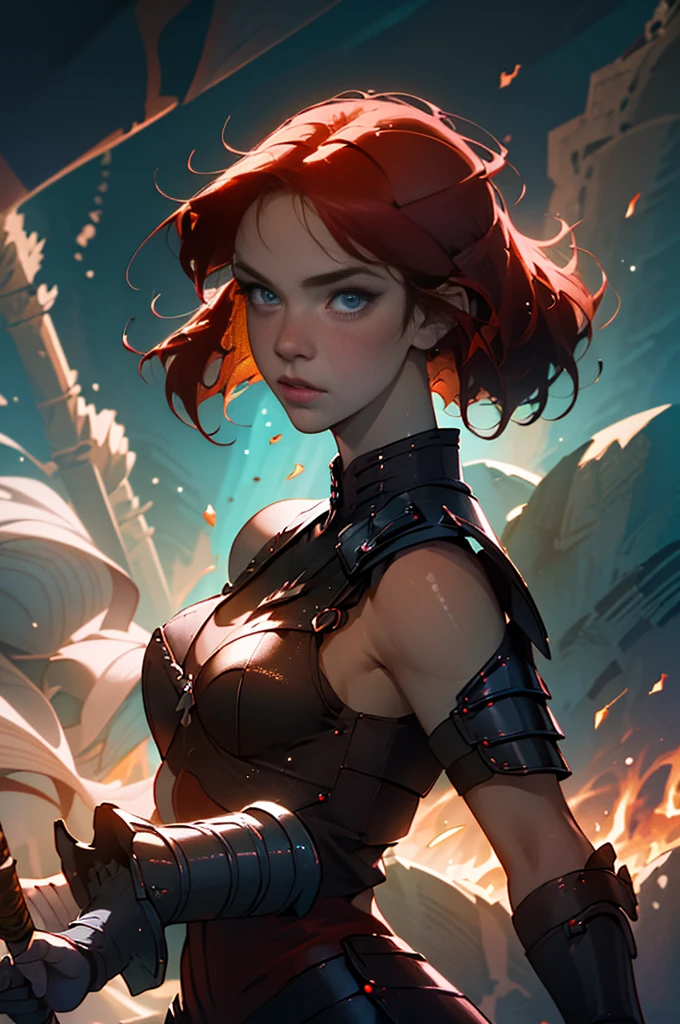 Photo of a hot aunt , highlighted red hair , samurai shoulder armor, chest covered by bra , particle,wind ,flames ,backlighting,rim lighting,upper body,hot pose, small breast, swordwoman, woman with a sworm, dynamic pose, one woman holding sword, weatring black tank top, black top, redhair, ginger hair, redhead, 2d, cheDark Fantasy,(masterpiece, best quality, ultra-detailed, highres, best illustration),perfect face, ((solo, solo focus)),sidelighting, lustrous skin,(bloom), (shine), ray tracing,(absurdres, highres, ultra detailed), (masterpiece:1.2), (best quality), (ultra detailed), (8k, 4k, intricate),(full-body-shot:1), (85mm),light particles, lighting, (highly detailed:1.2),(detailed face:1.2), (gradients), sfw, colorful,(detailed eyes:1.2)(detailed background),detailed landscape, (dynamic angle:1.2), (dynamic pose:1.2), (rule of third_composition:1.3), (Line of action:1.2), moody lighting