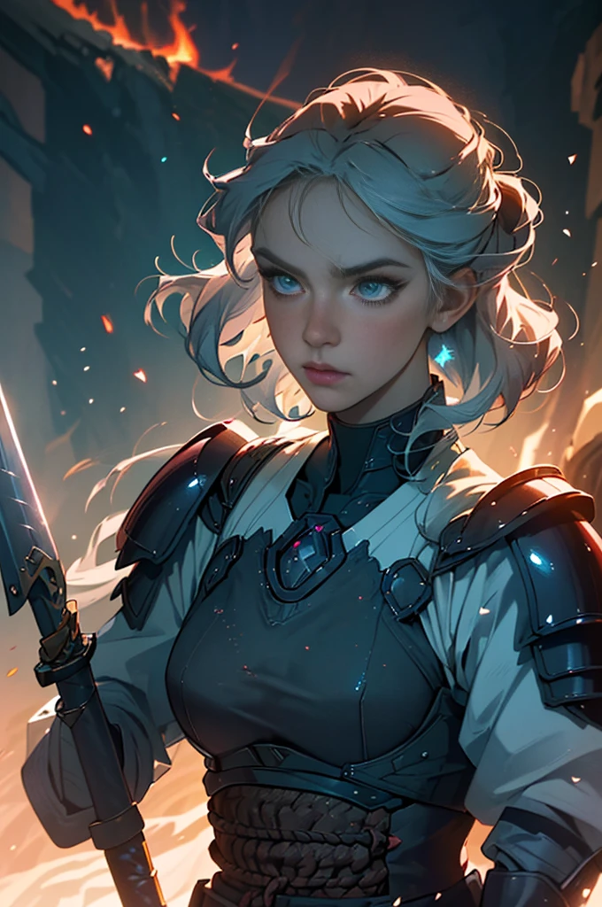 Photo of a hot aunt , highlighted gray hair , samurai shoulder armor, chest covered by bra , particle,wind ,flames ,backlighting,rim lighting,upper body,hot pose, small breast, swordwoman, woman with a sworm, dynamic pose, one woman holding sword, (masterpiece:1.2), (best quality), (ultra detailed), (8k, 4k, intricate),(full-body-shot:1), (85mm),light particles, lighting, (highly detailed:1.2),(detailed face:1.2), (gradients), sfw, colorful,(detailed eyes:1.2)(detailed background),detailed landscape, (dynamic angle:1.2), (dynamic pose:1.2), (rule of third_composition:1.3), (Line of action:1.2), moody lighting
