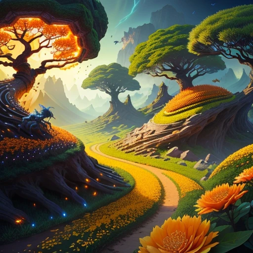 Dragon's tooth, anthill, luminous, tree, ant colony, beautiful, floral, orange flowers, moths, fantasy