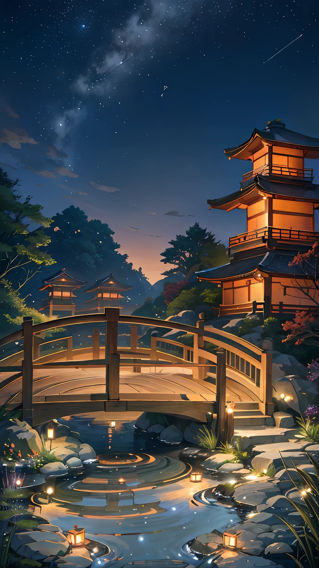 Japanese garden, small bridge and flowing water, night starry sky, summer night sky, fireflies, bamboo forest, extreme details, realistic light, epic composition, (complex details), (complex design, ultra-detail: 1.2), art station, (Masterpiece, Best Quality), Ultra HD, 32k --v 6