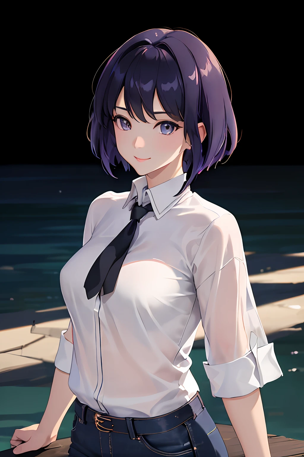 masterpiece, best quality, (extremely detailed CG unity 8k wallpaper, masterpiece, best quality, ultra-detailed, best shadow), (detailed background), (beautiful detailed face, beautiful detailed eyes), High contrast, (best illumination, an extremely delicate and beautiful), ((cinematic light)), colorful, hyper detail, dramatic light, intricate details, Motoko Kusanagi, smile, depth of field, white fit shirts, jeans, park, lake, standing