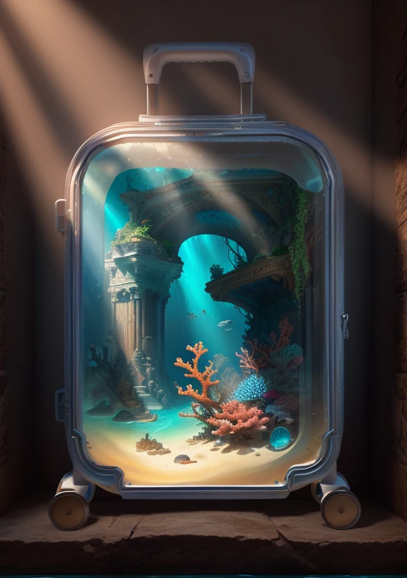 A suitcase product drawing, underwater world Atlantis, deep sea, epic reality, (HDR: 1.4), dappled sunlight, cool tones, ancient ruins, ocean-type houses full of design, deep sea creatures, coral, fantasy incredible, epic composition, (intricate details, hyper details: 1.2), art station, (masterpiece, best quality) --v 6