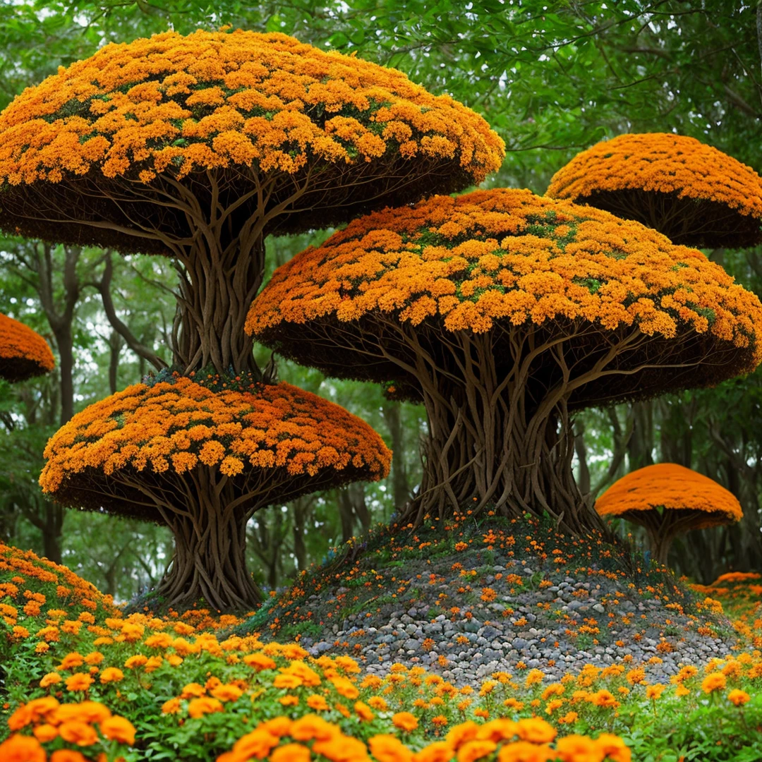 Dragon's tooth, anthill, luminous, tree, ant colony, beautiful, floral, orange flowers, moths, fantasy
