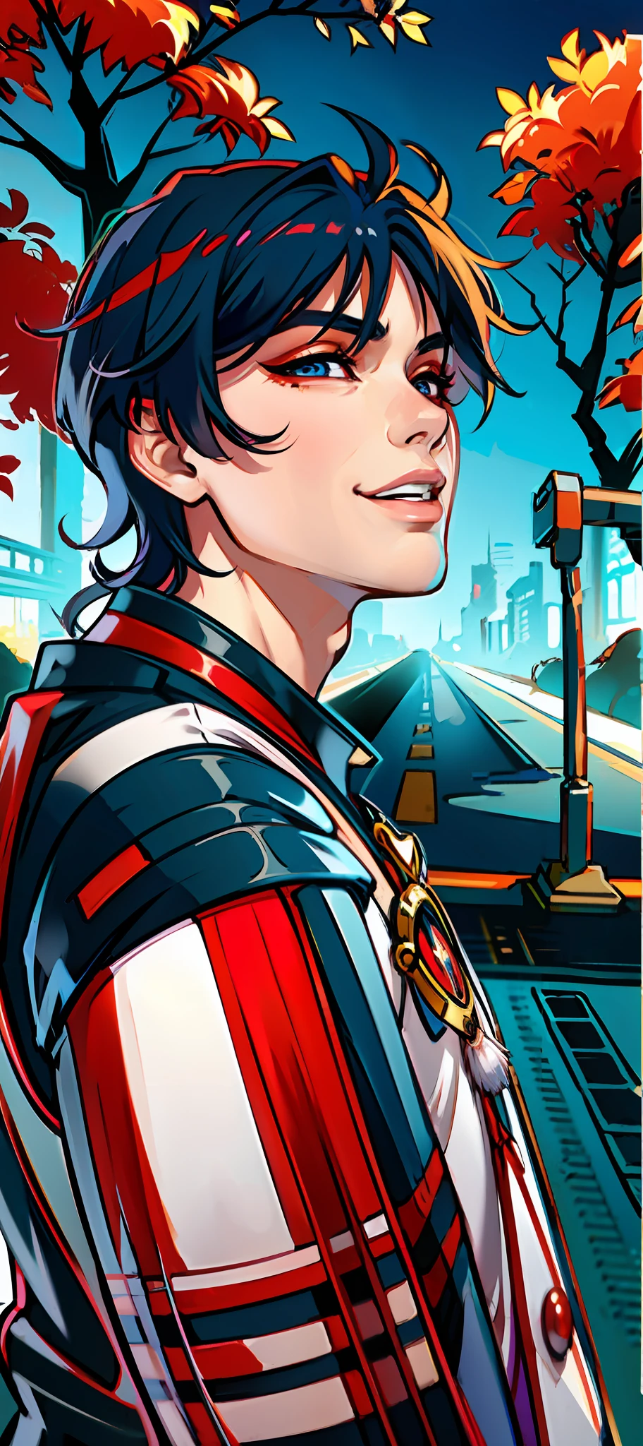 (masterpiece),(best quality:1.0), (ultra highres:1.0), detailed illustration, 8k, anime, 1boy, anime boy, smiling, wearing a shirt, detailed face, perfect face, anime eyes, detailed eyes, dark red eyes, detailed hair, highlights in hair, highly detailed, anime style, vibrant, colored