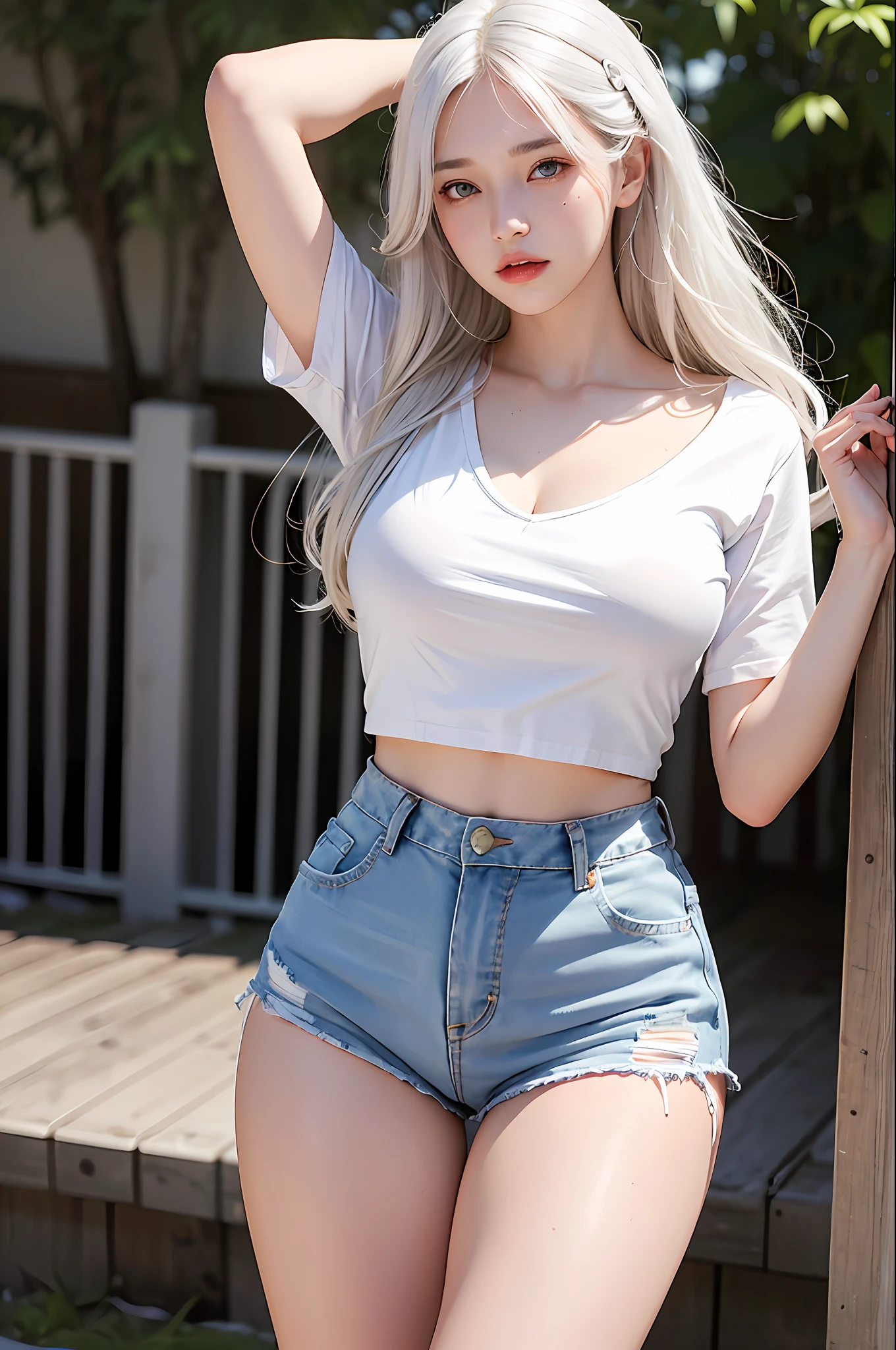 photorealistic, high resolution, 1 girl, white wavy hair, korean, heterochromia eyes, small mole below eye, loose white shirt, tight jean shorts, large breast, large thighs, panty visible