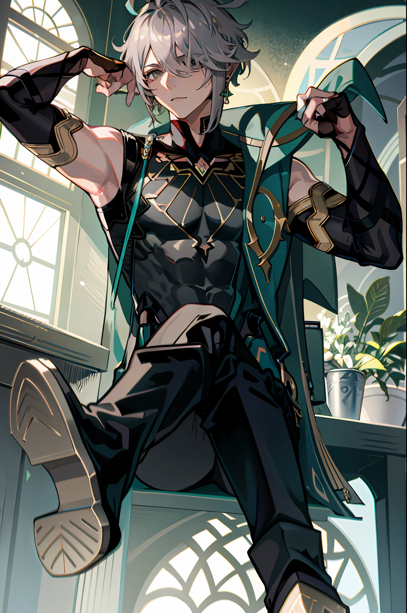 masterpiece, best quality,alhaitham\(genshin impact\), 1boy, male focus, shirt, solo, gloves, sleeveless shirt, sitting, grey hair, sleeveless, ahoge, black shirt, bangs, hair over one eye, black gloves, indoors, fingerless gloves, black pants, pants, swept bangs, boots, bare shoulders, short hair, knee up, elbow gloves,(kbxll:0.6)