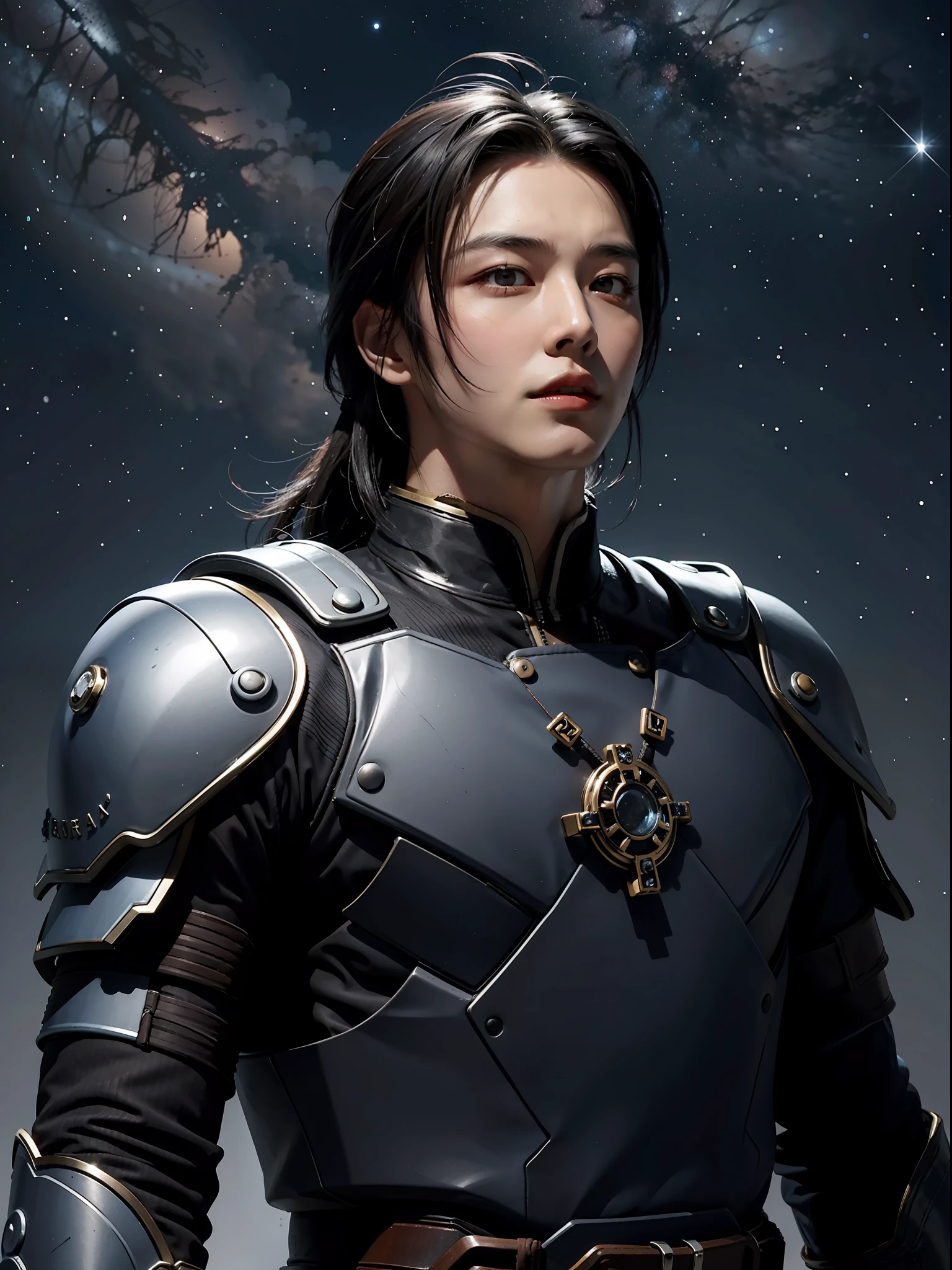 Clear night sky, can see the brilliant galactic starry sky in the sky, with a bright full moon, a Chinese man warrior upper body, looking up at a 45-degree perspective, his face is clear and handsome, cyberpunk style