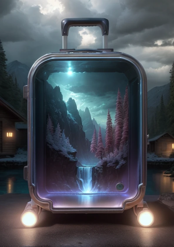 A suitcase product image, (low contrast), color fantasy style masterpiece, best quality, high quality, extremely detailed CG Unity 8k wallpaper, landscape, outdoor, sky, clouds, sky, no one, mountain, landscape, water, tree, blue sky, waterfall, cliff, nature, lake, river, cloudy sky, award winning photography, bokeh, depth of field, HDR, floodlight, chromatic aberration, photorealistic , very detailed, art station trend, CG social trend, complex, high detail, dramatic, halfway art