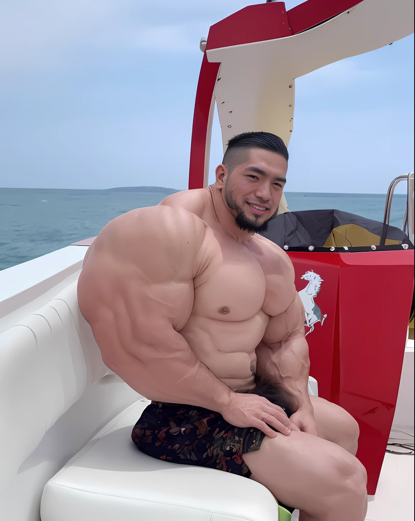 A close up photo of yami sukehiro, muscular, huge muscles, hyper muscles, hyperrealistic, goatee, beard