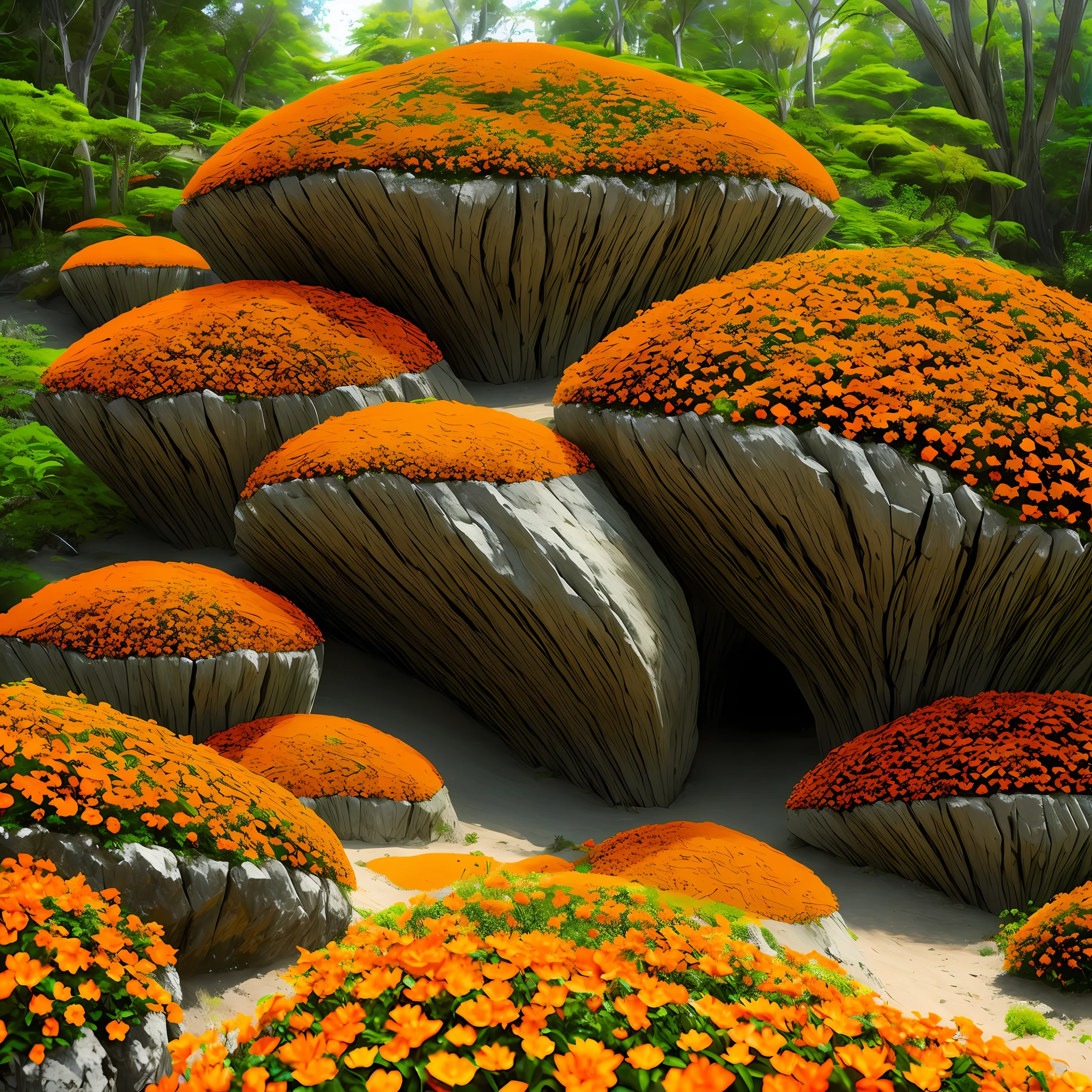 Dragon's tooth, anthill, luminous, tree, ant colony, beautiful, floral, orange flowers, moths, fantasy