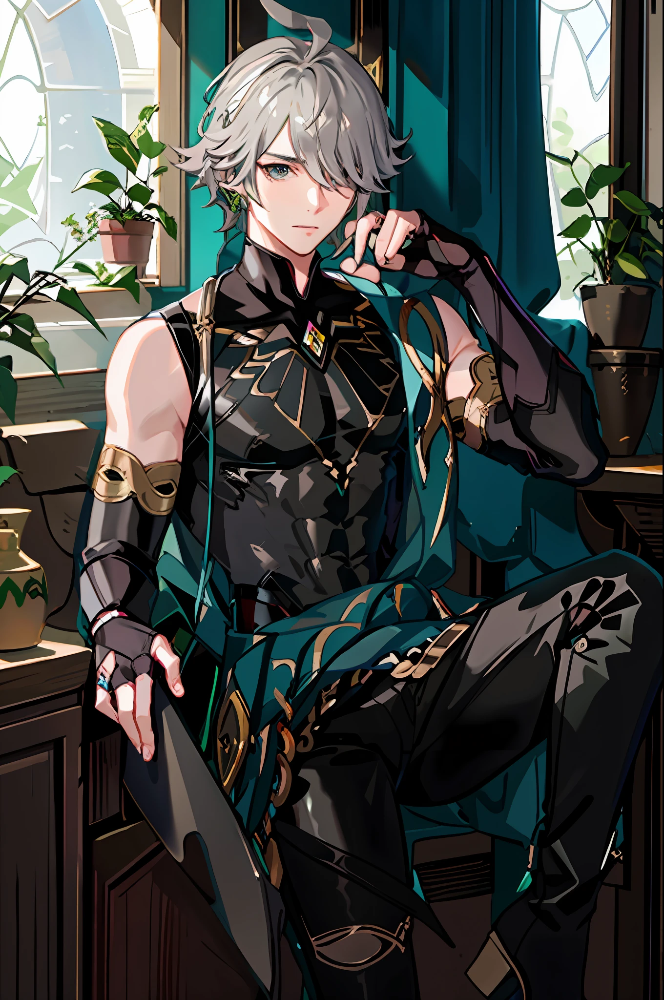 masterpiece, best quality,alhaitham\(genshin impact\), 1boy, male focus, shirt, solo, gloves, sleeveless shirt, grey hair, sleeveless, ahoge, black shirt, bangs, hair over one eye, black gloves, indoors, fingerless gloves, black pants, pants, swept bangs, boots, bare shoulders, short hair, elbow gloves,(kbxll:0.6)