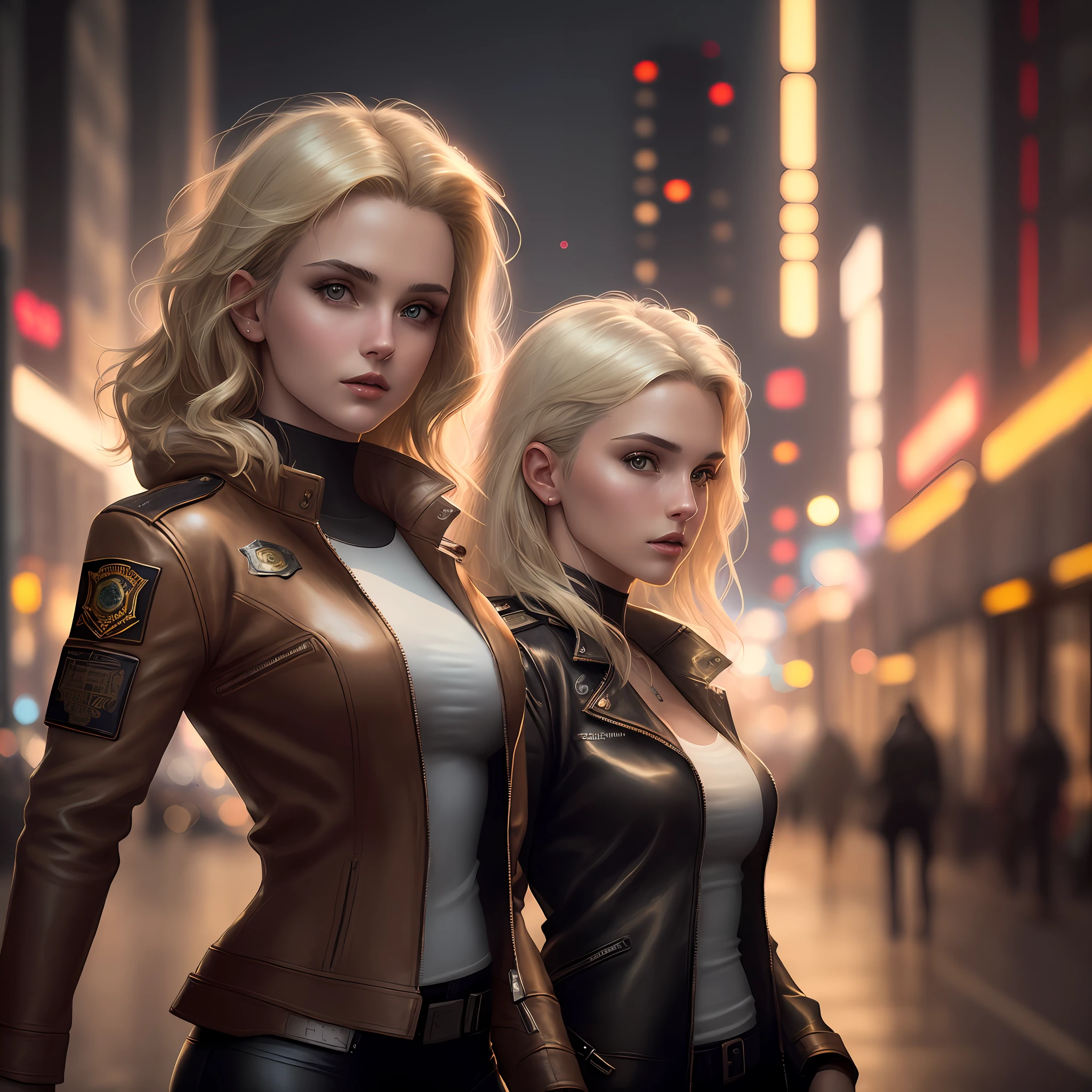 Angel portrait as a beautiful female model, georgia fowler, beautiful face, with very short light blonde hair, in cyberpunk city at night. She is wearing a brown leather jacket, dramatic lighting, photon mapping, large breasts, holding a gun, realistic (police badge: 1.2)