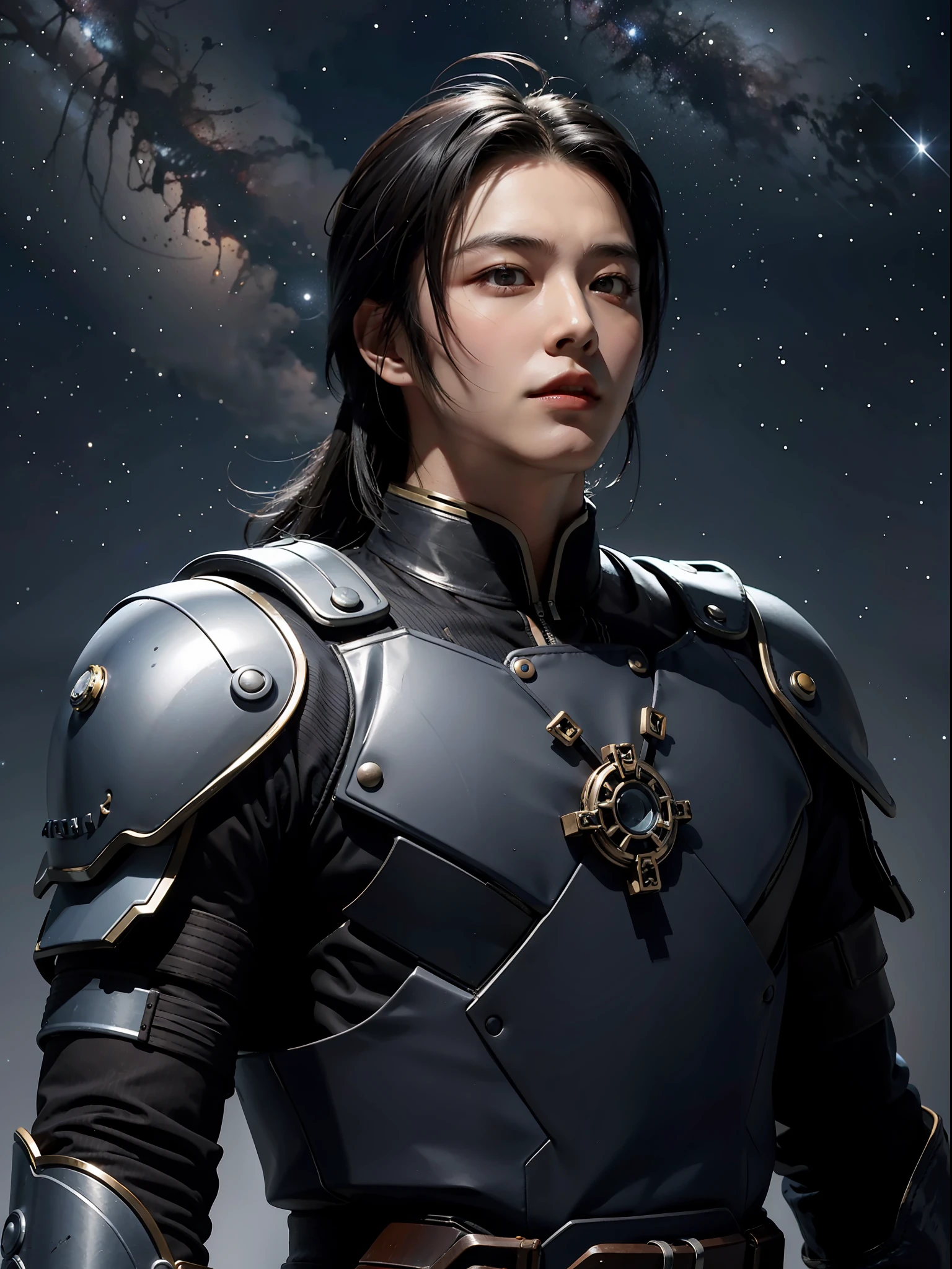Clear night sky, can see the brilliant galactic starry sky in the sky, with a bright full moon, a Chinese man warrior upper body, looking up at a 45-degree perspective, his face is clear and handsome, cyberpunk style