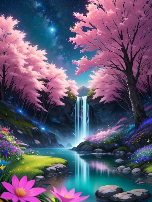 masterpiece, best quality, high quality, extremely detailed cg unity 8k wallpaper, an extremely colorful and purely fantasy environment with vibrant hues and a bright night sky, sky full of stars, landscape of bright green grass, colorful trees, glittering fruits, and bright glowing blue flowers. the streams are a deep shade of black, and the air is filled with sweet exotic scents. the environment appears to be taken out of a dream, with luminescent butterflies and giant colorful birds flying around, award winning photography, bokeh, depth of field, hdr, bloom, chromatic aberration ,photorealistic,extremely detailed, trending on artstation, trending on cgsociety, intricate, high detail, dramatic, art by midjourney