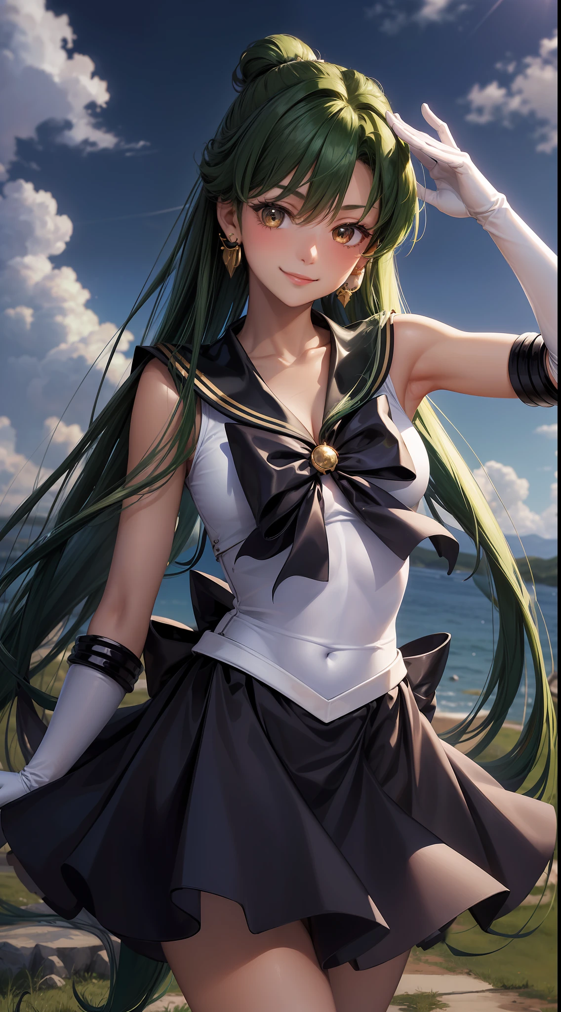 Masterpiece, Best Quality, High Resolution, 1Girl, Solo, Sailor Pluto, (Hair Fluffy), (Hair Flowing), (Single Ponytail)), Elbow Gloves, Headdress, Pleated Skirt, Bow, (Black Sailor Collar), White Gloves, Jewelry, Earrings, Cowboy Gun, Smile, Background Meadow, Blue Sky and White Clouds, Headgear, Pose