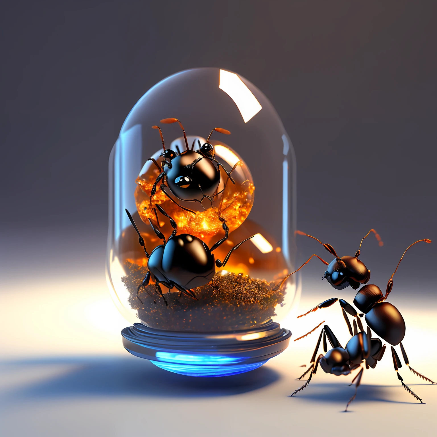 there is an amber stone with an ant inside it, ant in jar, ant lighting, represented as a 3D render, ant harmony, photo of a mechanical ant, bright fireflies, bright blue fireflies, complex metamorphosis 3d render, rendered illustration, mechanical ant, beautiful composition 3 - d 4 k, ant and solar rays, ant