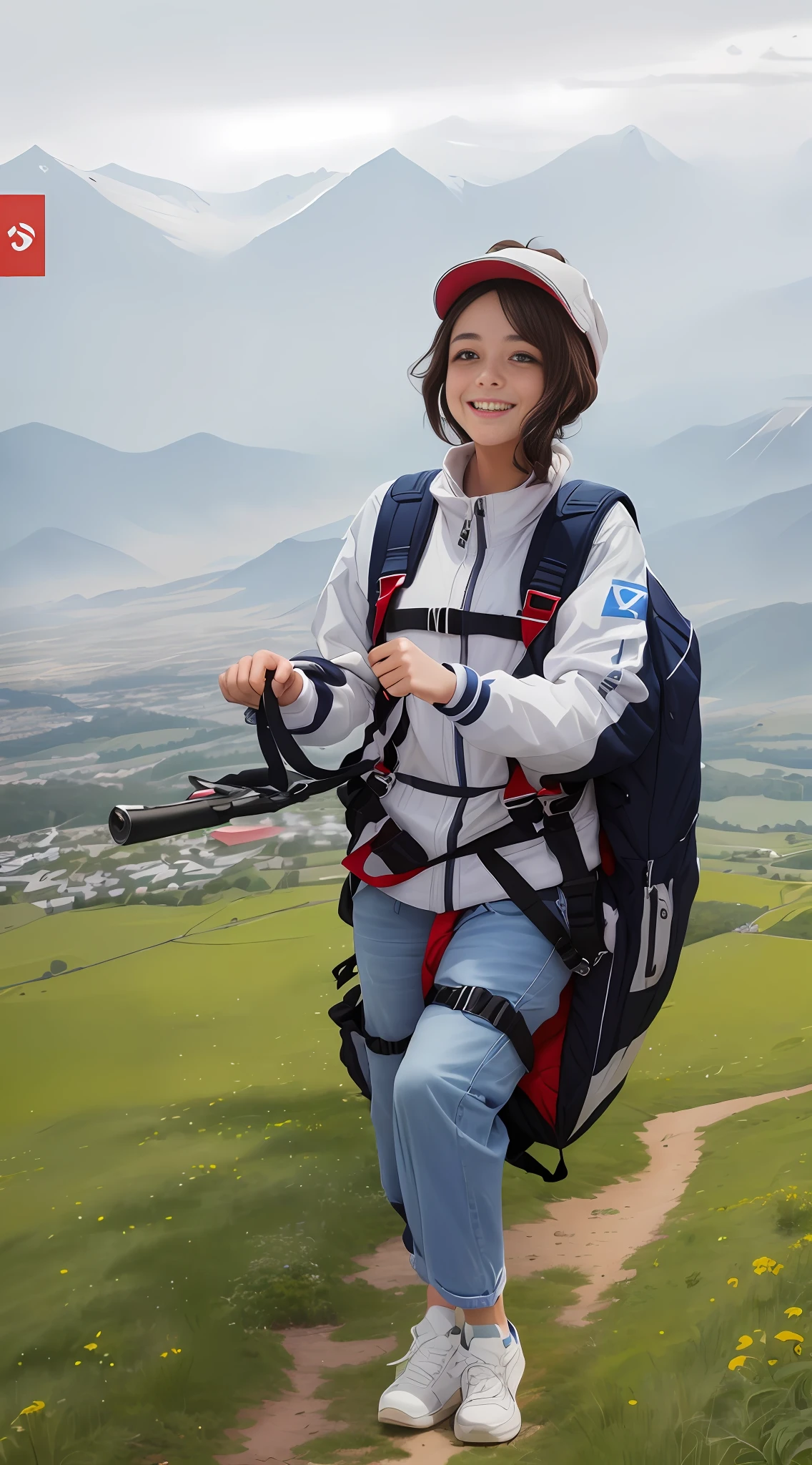 A girl is pulling up a parachute, parachute rope, white sneakers, blue jeans, white tracksuit, big eyes, smiling, mountains under her feet, aerial views of tall buildings, fields, roads, blue sky in the distance; High quality, natural light outside