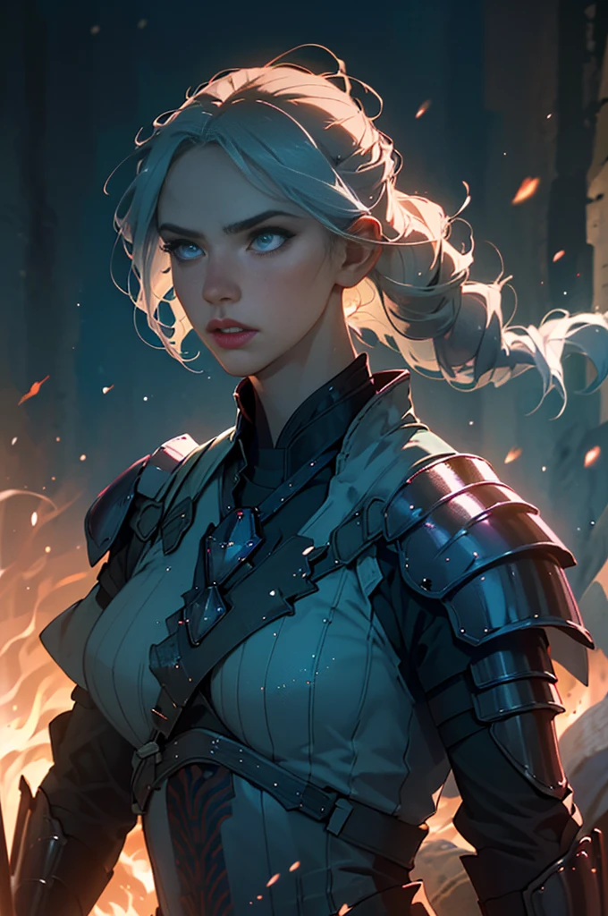 Photo of a hot aunt , highlighted gray hair , samurai shoulder armor, chest covered by bra , particle,wind ,flames ,backlighting,rim lighting,upper body,hot pose, small breast, swordwoman, woman with a sworm, dynamic pose, one woman holding sword,  (masterpiece:1.2), (best quality), (ultra detailed), (8k, 4k, intricate),(full-body-shot:1), (85mm),light particles, lighting, (highly detailed:1.2),(detailed face:1.2), (gradients), sfw, colorful,(detailed eyes:1.2)(detailed background),detailed landscape, (dynamic angle:1.2), (dynamic pose:1.2), (rule of third_composition:1.3), (Line of action:1.2), moody lighting