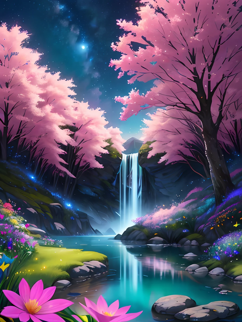 masterpiece, best quality, high quality, extremely detailed cg unity 8k wallpaper, an extremely colorful and purely fantasy environment with vibrant hues and a bright night sky, sky full of stars, landscape of bright green grass, colorful trees, glittering fruits, and bright glowing blue flowers. the streams are a deep shade of black, and the air is filled with sweet exotic scents. the environment appears to be taken out of a dream, with luminescent butterflies and giant colorful birds flying around, award winning photography, bokeh, depth of field, hdr, bloom, chromatic aberration ,photorealistic,extremely detailed, trending on artstation, trending on cgsociety, intricate, high detail, dramatic, art by midjourney