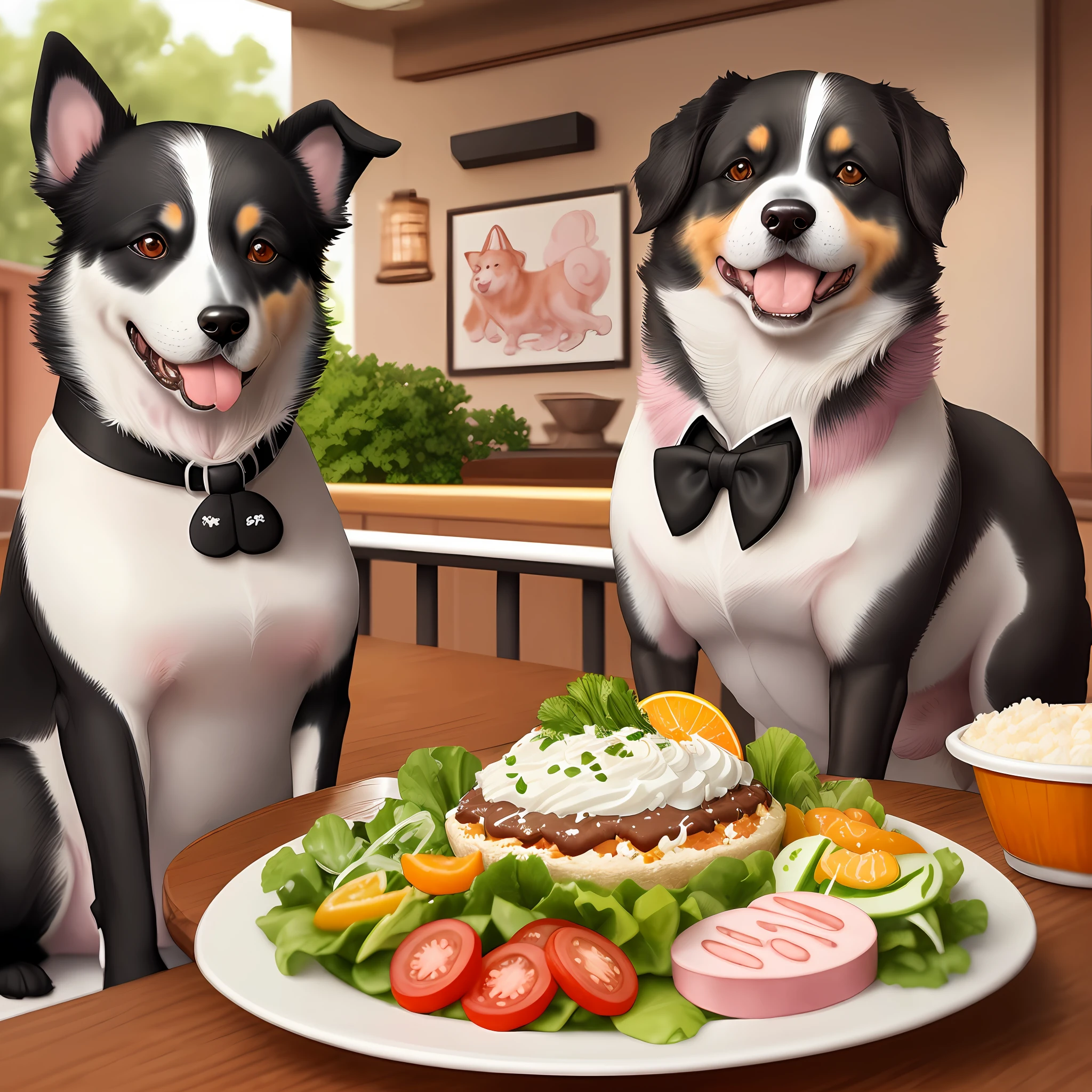 "A whimsical watercolor print of a black and white tuxedo ((dog)) eating meat, vegetables and salad, its fur gently blowing in the breeze, surrounded by a restaurant backdrop of vibrant shades of green and pops of pink and orange, Showcasing the dog's adventurous spirit and love of food, all portrayed with delicate brushwork and an ethereal quality that captures the whimsy and magic of this graceful canine creature."