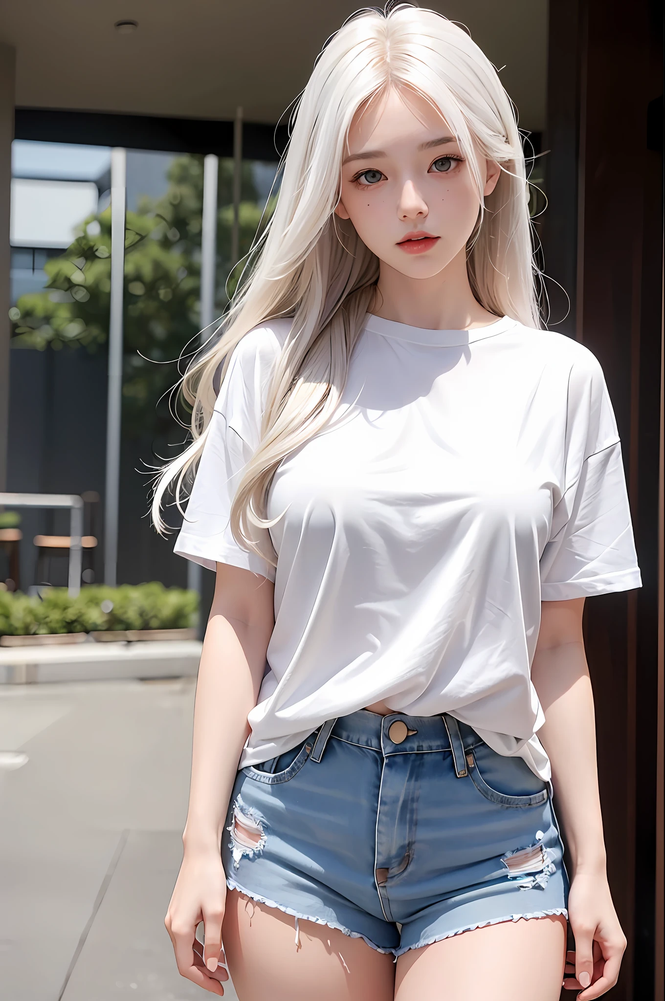photorealistic, high resolution, 1 girl, white wavy hair, korean, heterochromia eyes, small mole below eye, loose white shirt, tight jean shorts, large breast, large thighs, panty visible