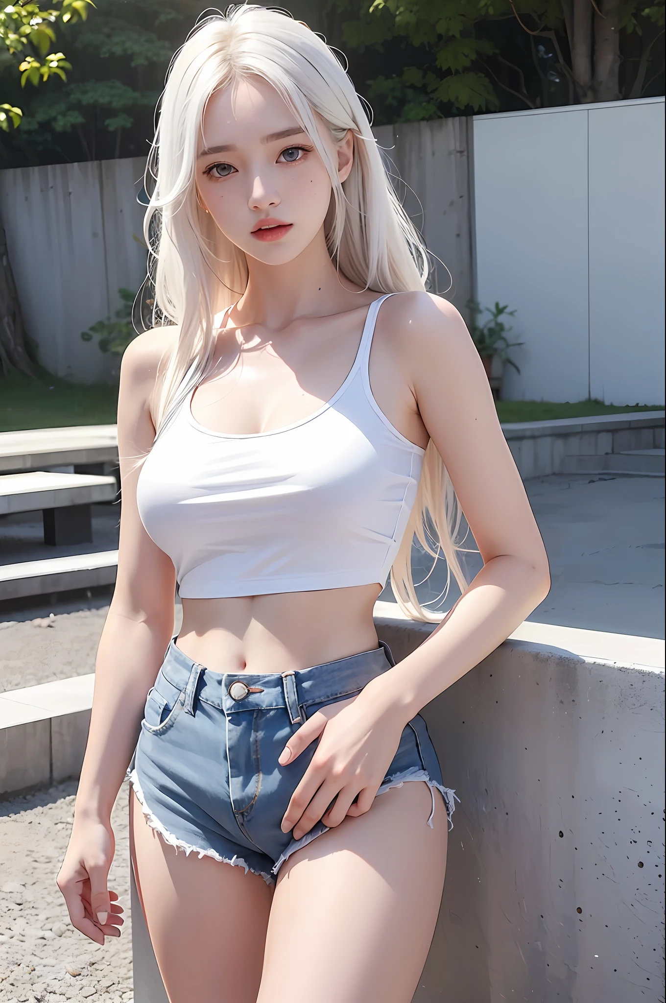 photorealistic, high resolution, 1 girl, white wavy hair, korean, heterochromia eyes, small mole below eye, loose white shirt, tight jean shorts, large breast, large thighs, panty visible