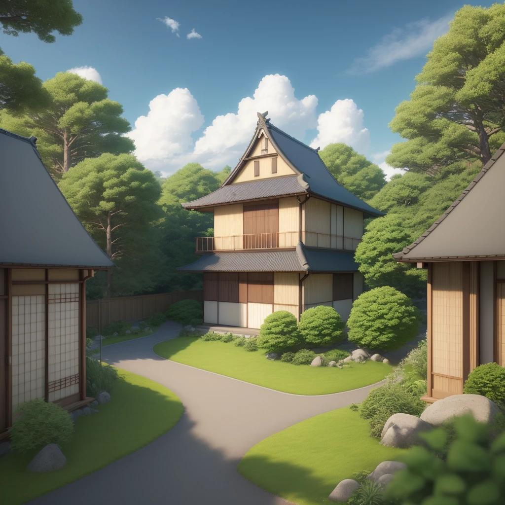 (Japanese Landscape), (Hayao Miyazaki Style), cartoon, modern countryside, roads, curves, low houses, trees, poles, white clouds, calm landscape, outdoors, green trees, epic composition, realistic lighting, high-definition detail, masterpiece, the best quality, (very detailed CG unified 8k wallpaper), clay texture, clean background, natural light, best quality, ultra detail, 3d art, c4d, blender, oc renderer, 3d render, 8k