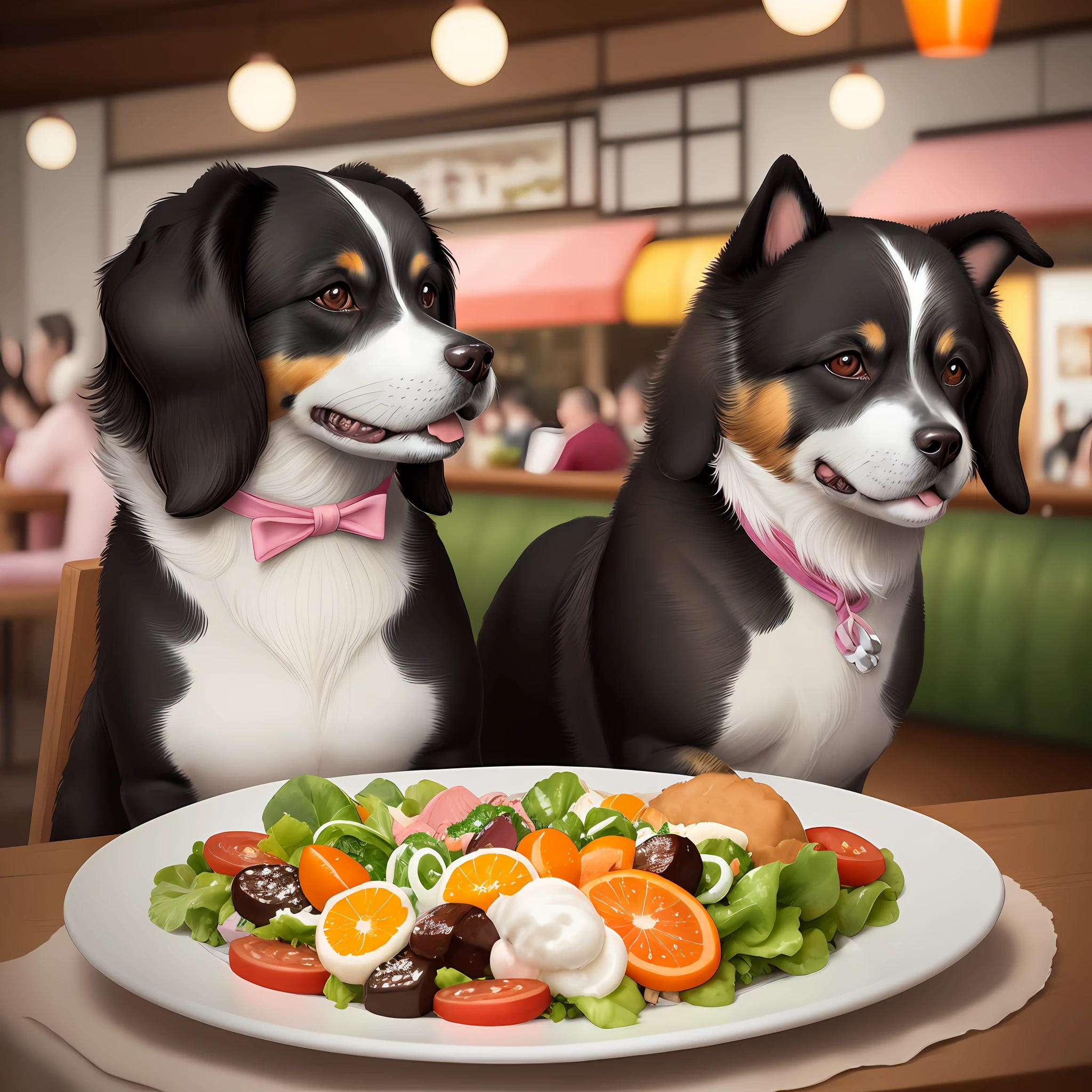 "A whimsical watercolor print of a black and white tuxedo ((dog)) eating meat, vegetables and salad, its fur gently blowing in the breeze, surrounded by a restaurant backdrop of vibrant shades of green and pops of pink and orange, Showcasing the dog's adventurous spirit and love of food, all portrayed with delicate brushwork and an ethereal quality that captures the whimsy and magic of this graceful canine creature."